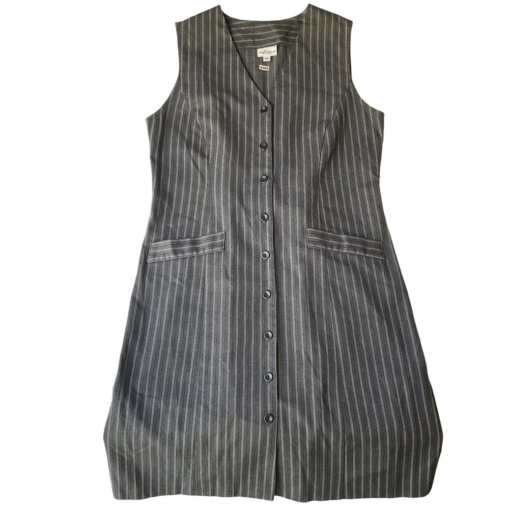 VINTAGE Hillard & Hanson Women Dress 10 Gray Striped Shirt Dress Classic Button